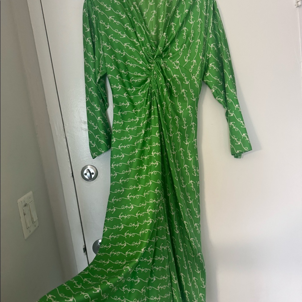 Sandro Eliana anchor-print midi dress green 100-% silk sz 42. New without tags